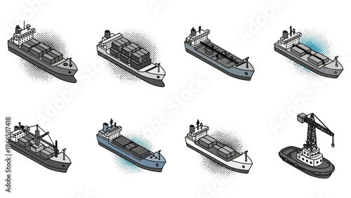 Isometric cargo ships and tugboat icons with halftone shadow effects