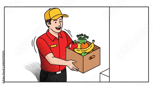 Cartoon delivery worker with fruit box in colorful uniform delivering groceries