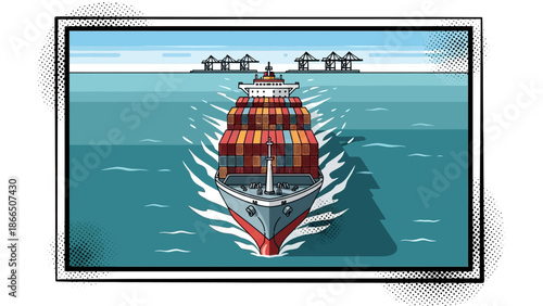 Colorful cargo ship approaching port in pop art style with halftone elements