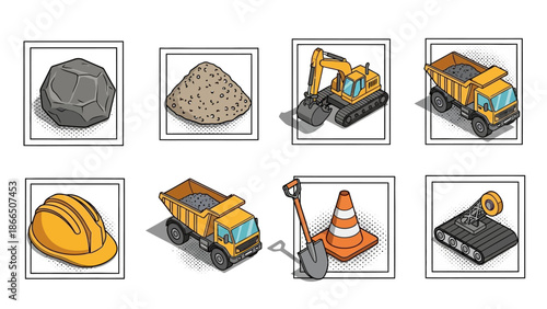 Construction equipment and tools in modern comic style