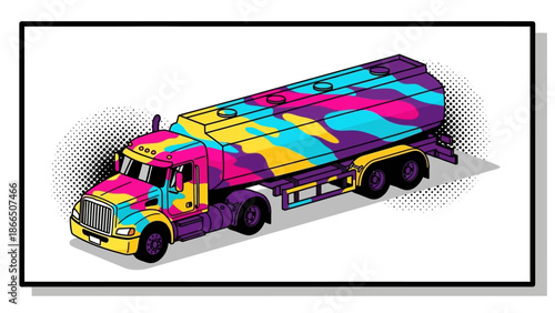 Colorful pop art style fuel truck in isometric design with halftone shadows