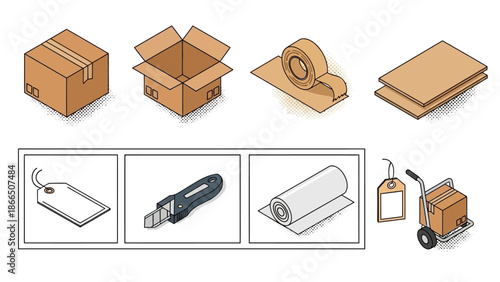 Isometric packaging icons: cardboard boxes, tape, tools, and shipping elements