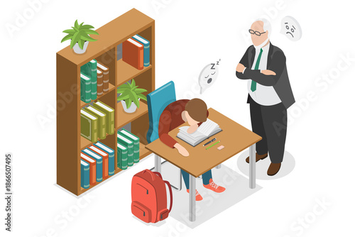 Fotografia 3D Isometric Flat  Illustration of Tired Student, Mental Strain