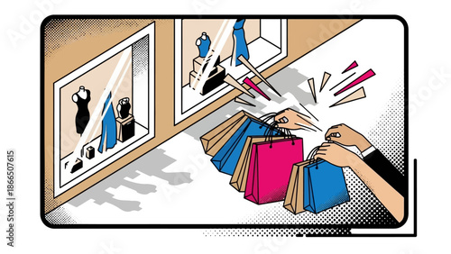 Retro comic style shopping scene with bags and boutique display