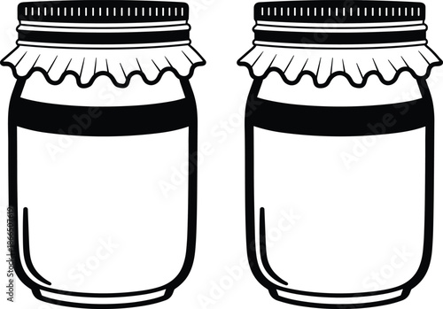 Jam jar silhouettes set featuring glass preserve containers with lids for homemade food storage, kitchen packaging, and minimalist black and white vector illustration