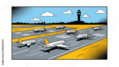 Pop art airport scene with airplanes and control tower