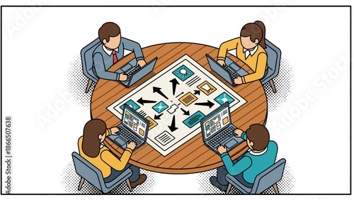 Collaborative team meeting around circular table with laptops and diagrams