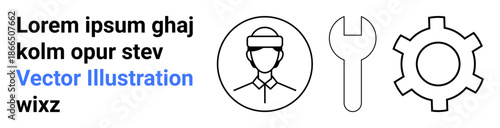 Worker icon in hard hat, wrench tool, and gear symbol suggesting labor, tools, machinery, or industry themes. Ideal for labor, maintenance, construction service tech mechanics simple landing page