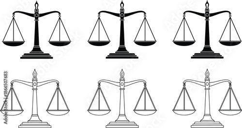 Justice scales silhouette and outline icon set, law balance symbol illustration, black and white legal vector design isolated