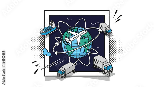 Global shipping and transport network featuring air, sea, and land modes
