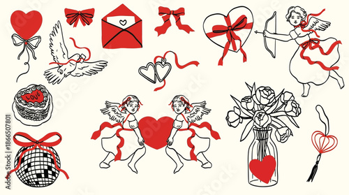 Cute vintage hand drawn line art vector elements with whimsical bows, ribbons and hearts featuring elegant female cupid, flowers and cake for wedding invitations, Valentine’s Day cards and romantic de