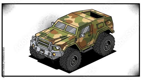 Camouflage armored suv: comic style off-road adventure