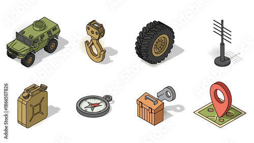 Military tools and equipment in isometric style featuring vehicles and navigation icons