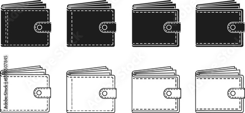 Leather wallet silhouette and outline vector icons set, classic billfold designs with stitching details, black and white illustration isolated