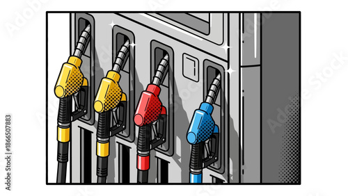 Colorful retro gas station pumps in comic style for fueling concept