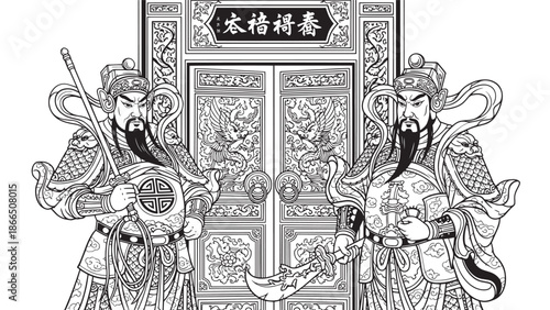 Traditional Chinese Door Gods Guarding a Celestial Gate in Ancient Style.