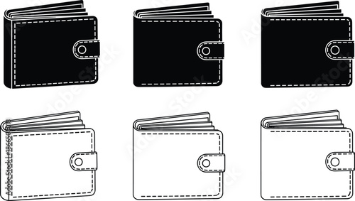 Leather wallet silhouette and outline icon collection, classic billfold designs with stitching details, black and white finance vector illustration isolated