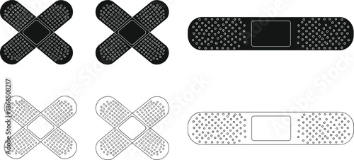 Medical adhesive bandage silhouettes set showing crossed and strip plasters for first aid, healthcare, injury treatment minimalist vector illustration