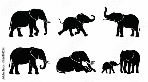 Elephant Silhouette Vector Set with Standing, Walking, and Calf Poses for Wildlife Decor, Educational Charts, and Animal-Themed Branding