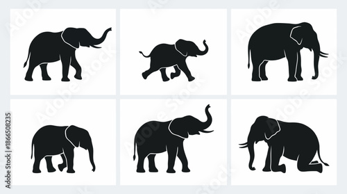 Elephant Silhouette Vector Set with Standing, Walking, and Calf Poses for Wildlife Decor, Educational Charts, and Animal-Themed Branding