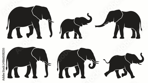 Elephant Silhouette Vector Set with Standing, Walking, and Calf Poses for Wildlife Decor, Educational Charts, and Animal-Themed Branding