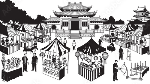 Bustling outdoor market fair with stalls, crowds, and vibrant attractions.