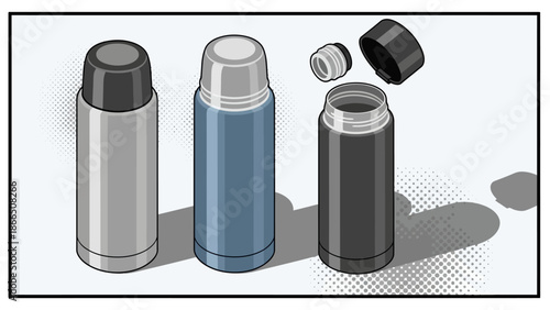 Modern isometric thermos bottles with pop art influence