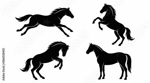 Horse Silhouette Vector Set with Galloping, Rearing, and Standing Poses for Wildlife Decor, Equine Education, and Animal-Themed Design Projects