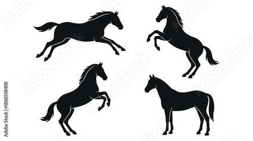 Horse Silhouette Vector Set with Galloping, Rearing, and Standing Poses for Wildlife Decor, Equine Education, and Animal-Themed Design Projects