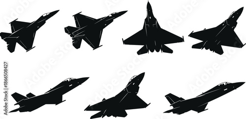 Military fighter jet silhouettes collection showing modern combat aircraft from multiple angles in black minimalist vector style illustration