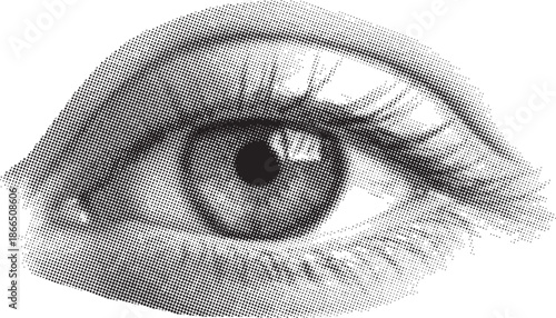 A close-up view of a human eye rendered in a striking black and white halftone style