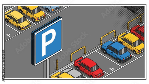 Parking lot with colorful cars and blue parking sign in isometric pop art style