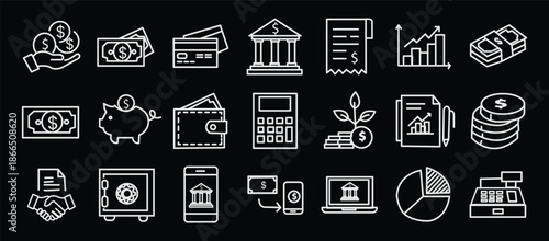 Finance line icon set. Vector pictograms of money, wallet, banking tools, currency symbols, investment chart, financial services, piggy bank, dollar thin linear illustration