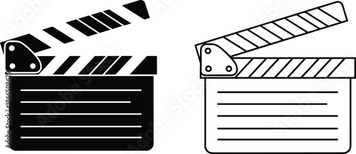 Movie clapperboard silhouette and outline icons, film production slate concept, black and white vector illustration set isolated