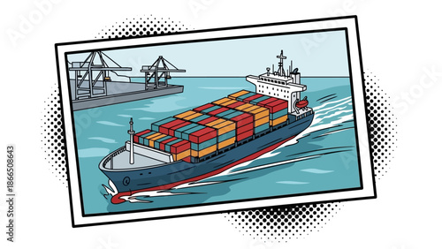 Comic style cargo ship at sea approaching port with containers
