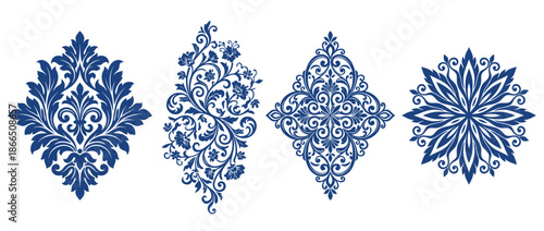 Damask graphic vector elements collection with elegant ornamental patterns for luxury backgrounds, wallpapers, textile design, packaging, invitations, branding, classic decor and sophisticated graphic