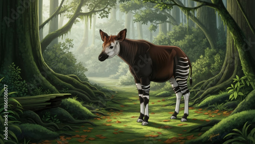 Okapi standing in a lush, green forest with sunlight filtering through the trees. Wildlife illustration for nature and animal conservation concept.