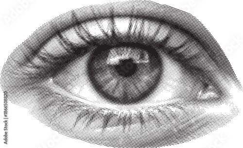 A detailed stipple art rendering of a human eye gazing intently forward
