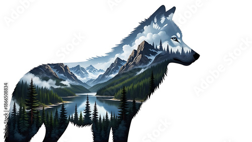 Stylized wolf silhouette featuring a majestic double exposure mountain landscape serene lake and dense forest ideal for nature and wildlife branding