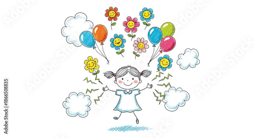 Little Girl Holding Colorful Balloons and Flowers.