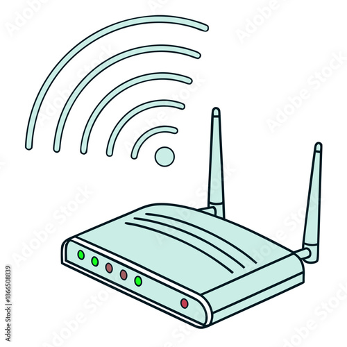 Simple isometric illustration of a wireless internet router device broadcasting strong signal waves with functional indicator lights showing connectivity status