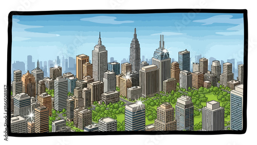 Vibrant urban cityscape with skyscrapers and park in cartoon style