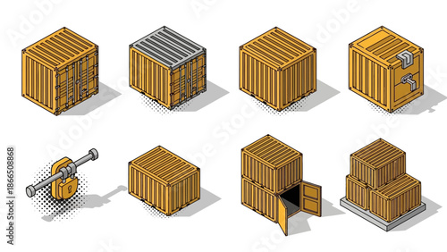 Set of isometric shipping containers with various configurations and accessories