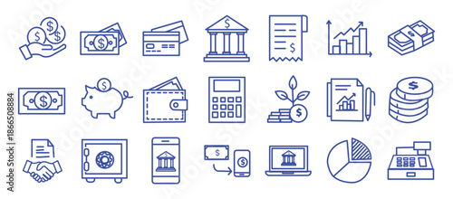 Finance line icon set. Vector pictograms of money, wallet, banking tools, currency symbols, investment chart, financial services, piggy bank, dollar thin linear illustration