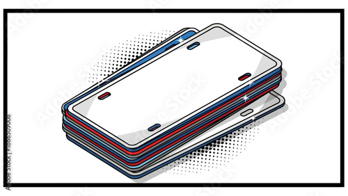 Retro pop art style stack of blank metal license plates with halftone shadows