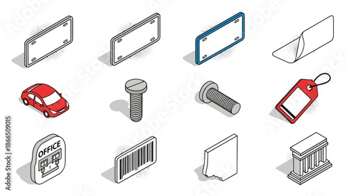 Isometric icons of everyday objects: license plate, screw, car, office sign, and barcode