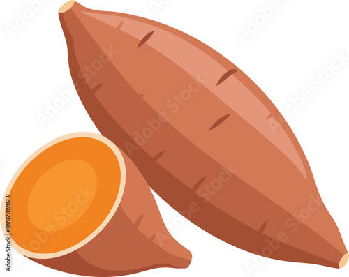 Orange sweet potato root vegetable whole and cut in half showing bright interior isolated graphic