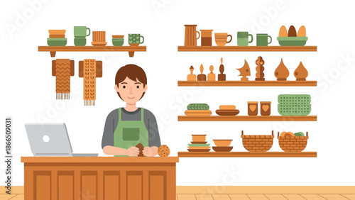 Cozy coffee shop interior with barista in flat design