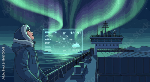 Woman with Futuristic Tablet Observing Aurora Borealis.