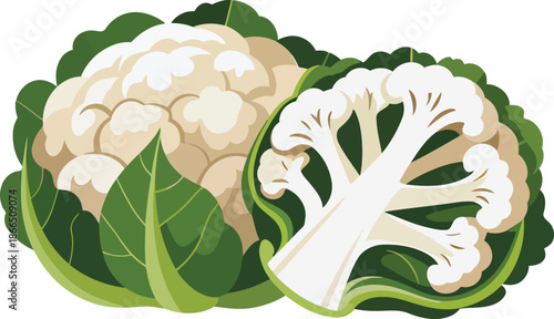 White cauliflower head cut in half displaying florets and green leaves isolated on clear background